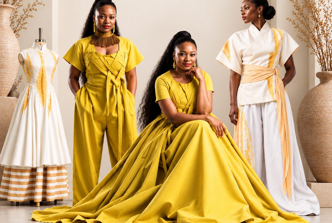 Three women wearing naturally dyed Purple Pot Designs pieces in chartreuse and cream.