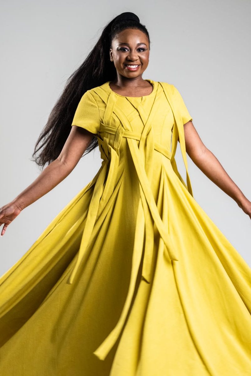 Chartreuse gown, woven front panelling