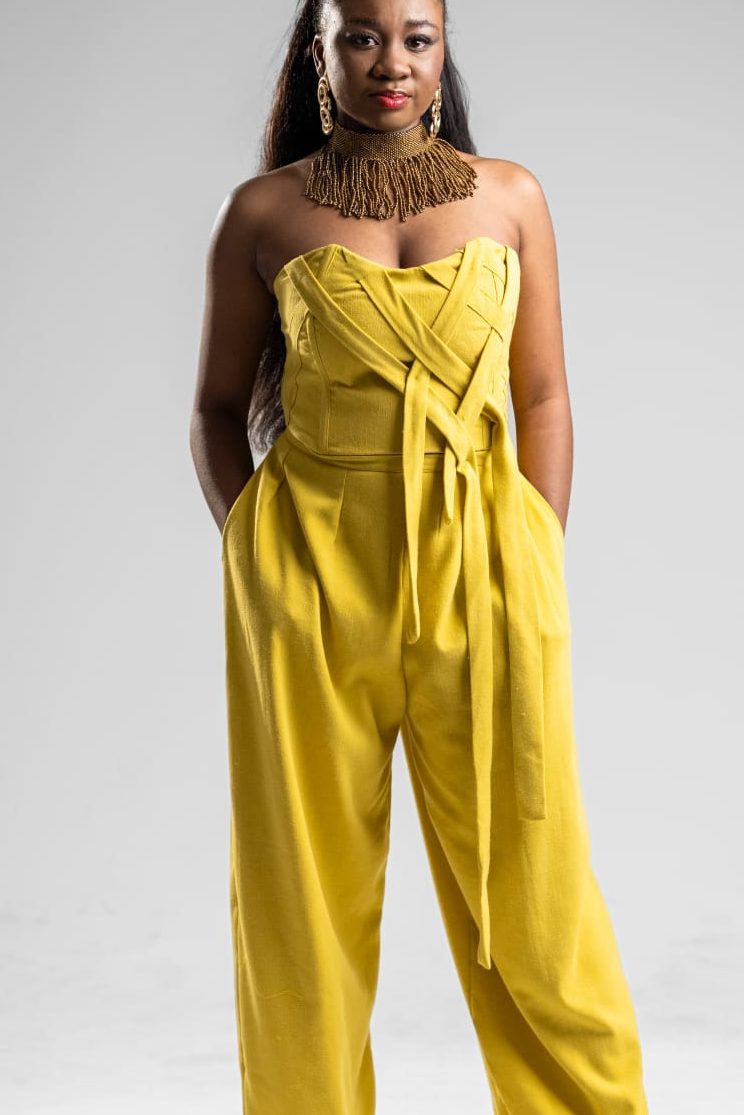 Chartreuse jumpsuit, wrapped and tied